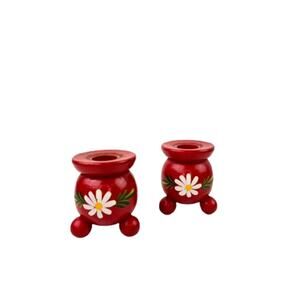 Vintage Swedish Red Candlestick Holders Wooden Flowers Hand Painted Set of 2